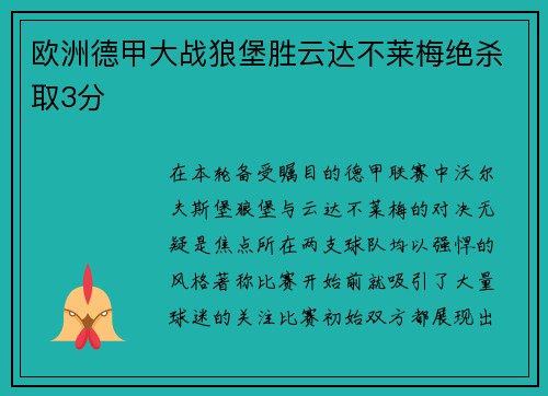 欧洲德甲大战狼堡胜云达不莱梅绝杀取3分